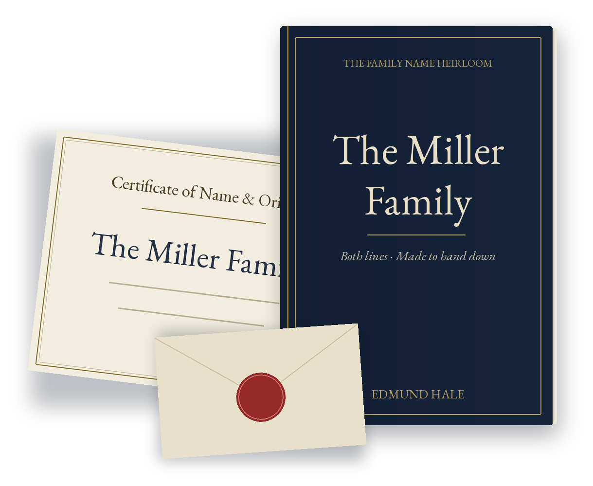 The Family Name Heirloom — the keepsake volume, the certificate, and the letter